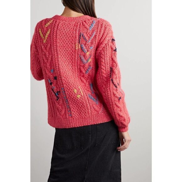 Lingua Franca - Embroidered Cable-knit Alpaca  Wool-blend Cardigan Coral Large - Picture 2 of 10